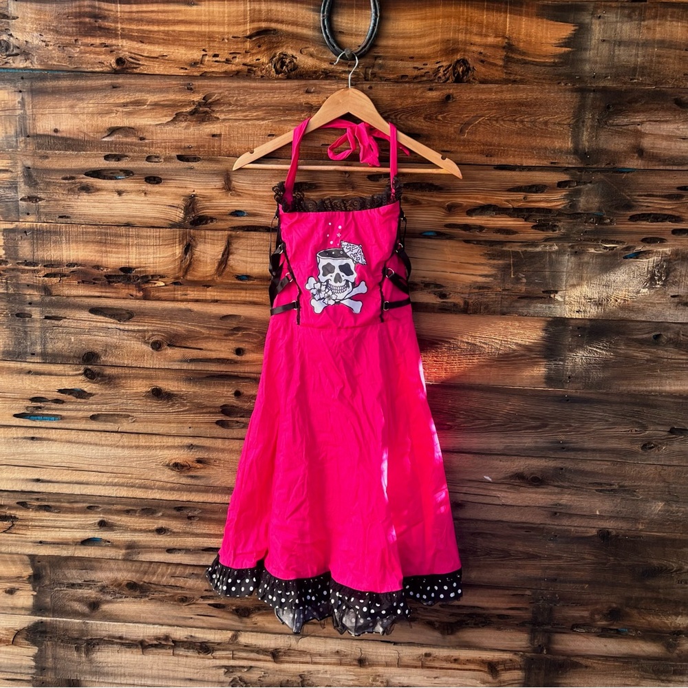 LUCKY 13 APPAREL | Pink Halter Grunge Punk Dress with Skull Design XL